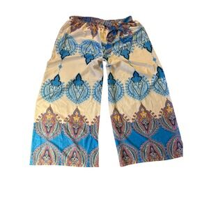 SHEIN CURVE Women's Palazzo Pants Blue Paisley Print Wide Leg Tie Waist 3XL